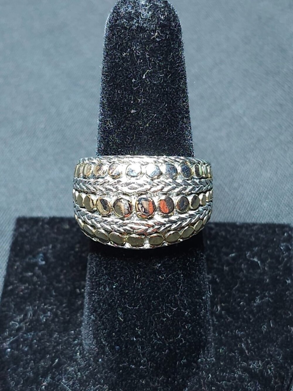 Wide Silver-Gold Textured Band Ring, Braided & Dotted, Size 8